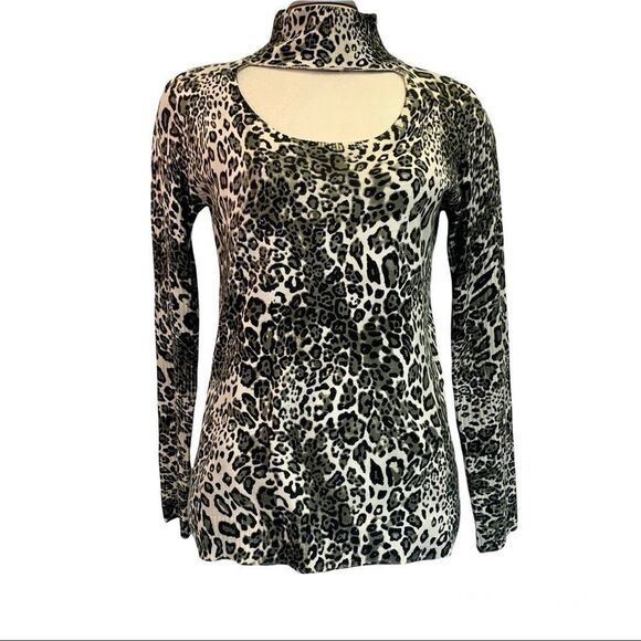 VENUS Green cream keyhole high neck long sleeve leopard cheetah print top size M - Picture 1 of 8